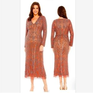 NWT MAC DUGGAL 5938 Long Sleeve Embellished Dress Midi in Rosewood